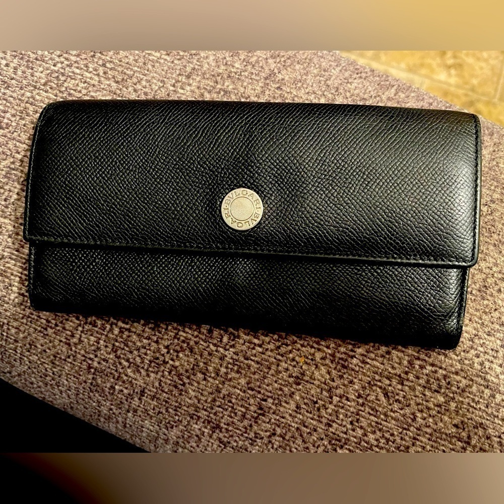 Bvlgari Black Pebbled Leather Tri-Fold Wallet with COA